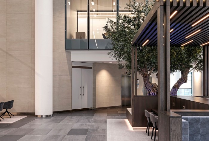 An artificial bespoke olive tree situated inside Three Snow Hill, Birmingham