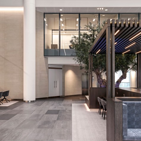 An artificial bespoke olive tree situated inside Three Snow Hill, Birmingham