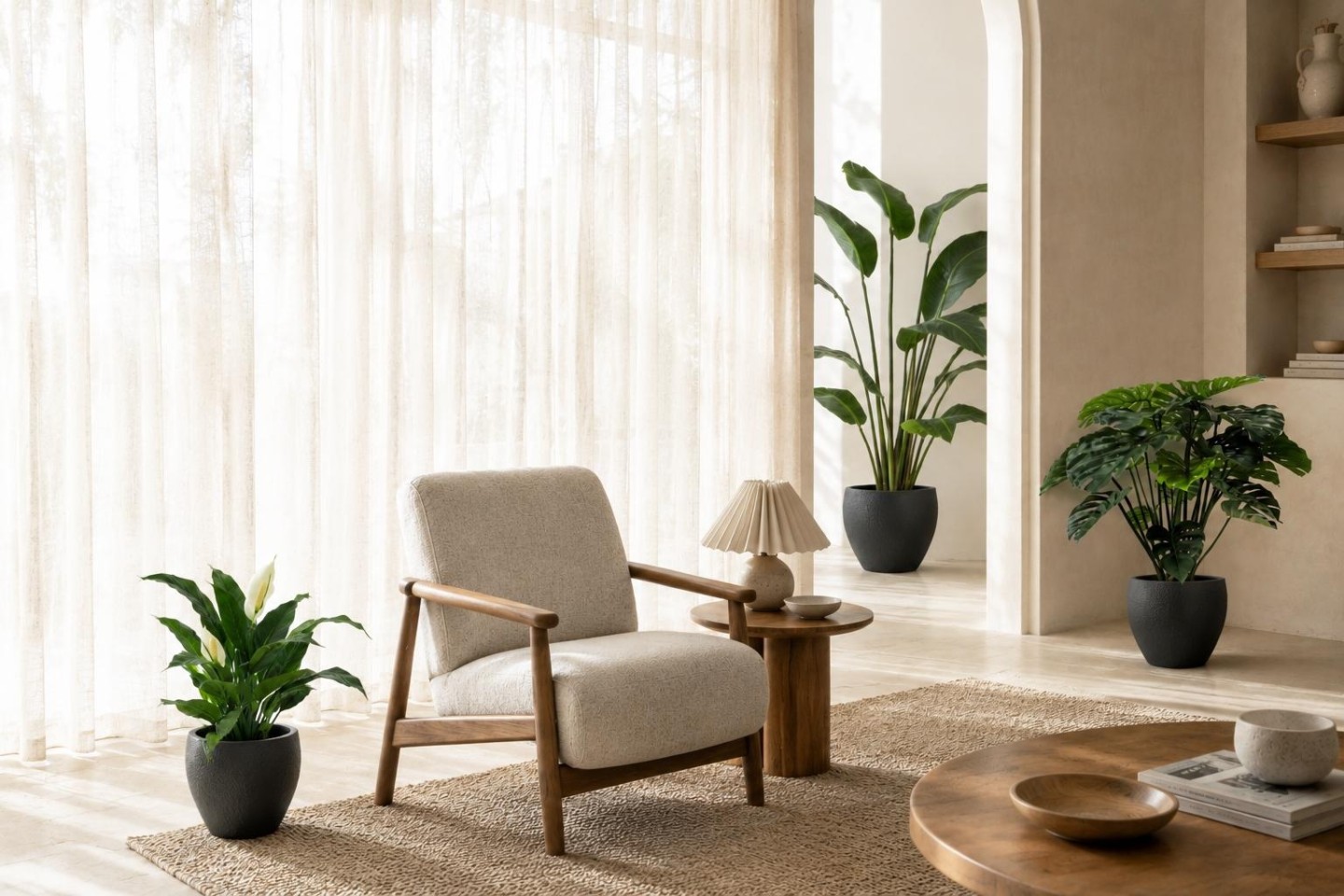 L'immagine raffigura uno spazio ufficio luminoso e moderno, arricchito da varie piante da ufficio, tra cui una monstera, una palma pa e una spathiphyllum.