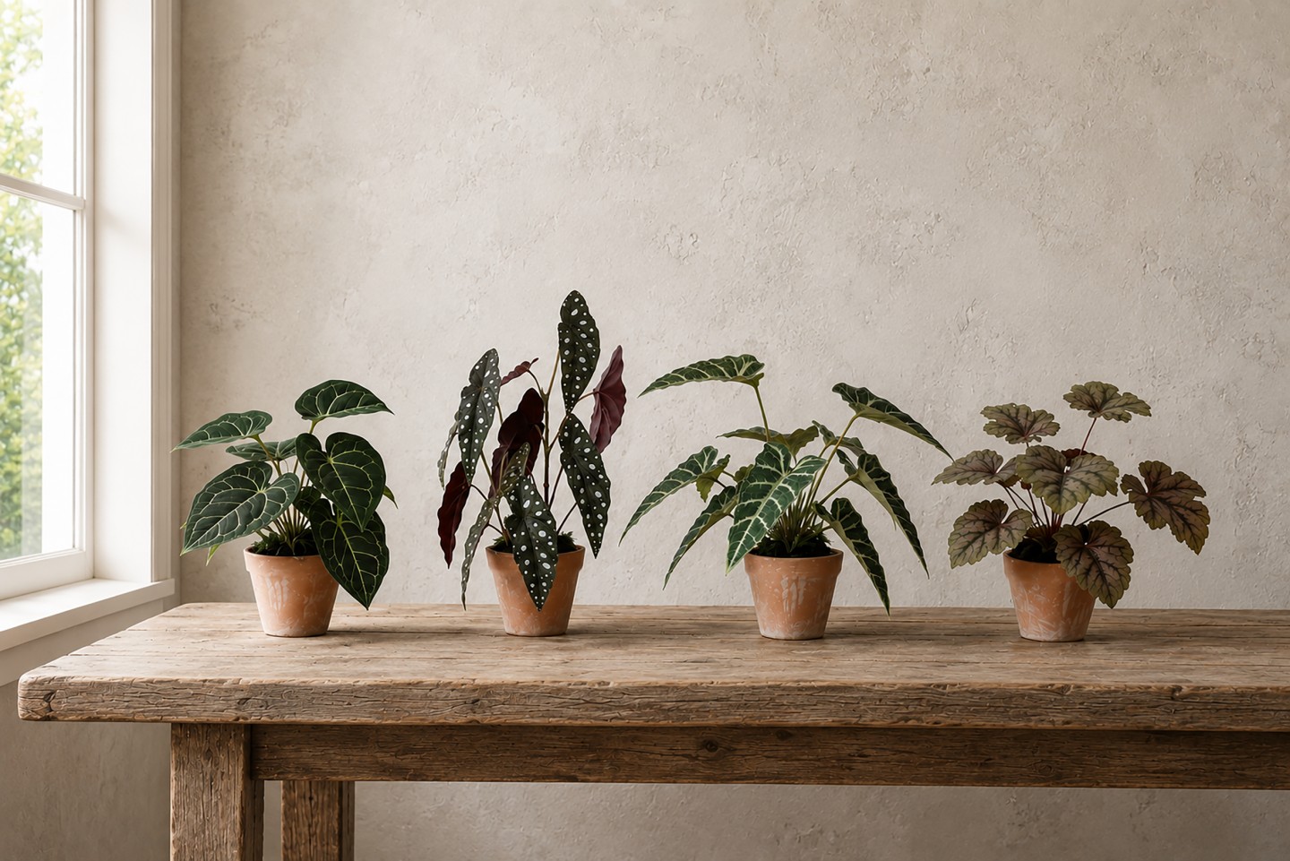 Un primo piano di un assortimento di piante artificiali su un tavolo di quercia.